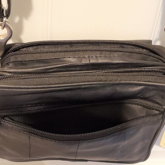 Black NWT Cross Body Genuine Leather Bag 22-in Strap 2 front, 1 back pocket. - Picture 2 of 14